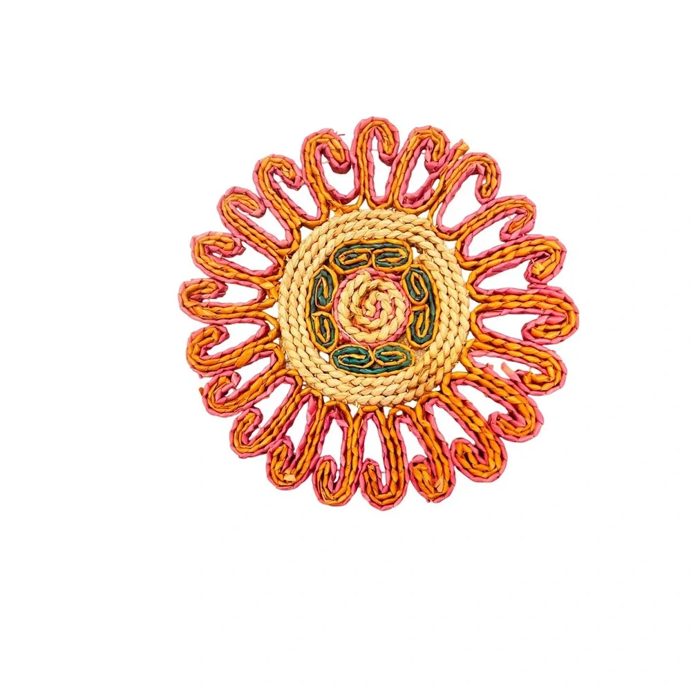Vintage Woven Raffia Trivets Set of 2 Boho Floral Sunburst Hot Pads Pink Orange
